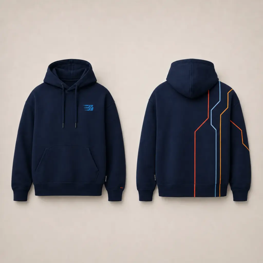Dunkelblauer PRO-BAHN-Hoodie der Line-Edition in Vorder- und Rückansicht
