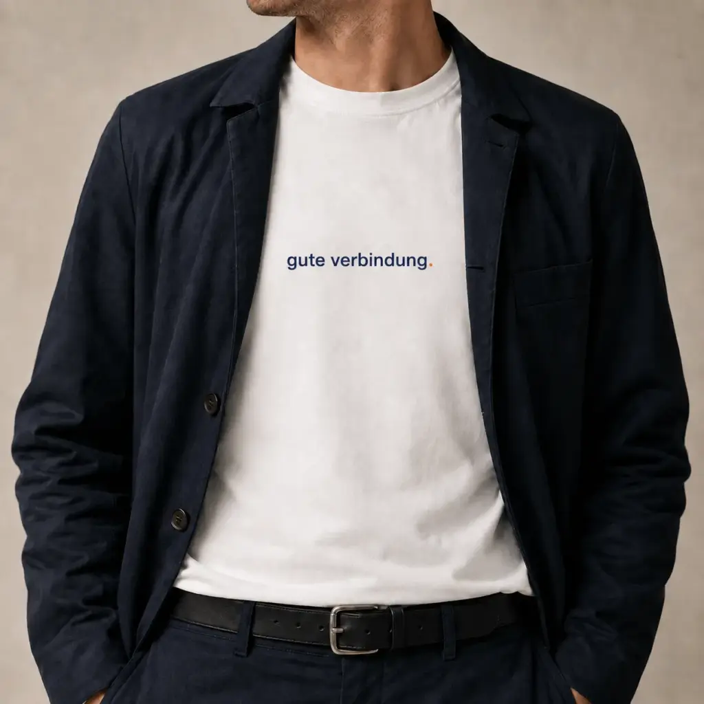 Mann trägt ein weißes PRO-BAHN-T-Shirt mit dem Schriftzug gute verbindung unter einem dunkelblauen Sakko