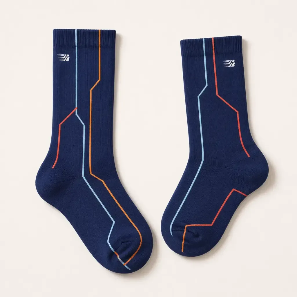 Zwei dunkelblaue PRO-BAHN-Socken mit farbigem Linienmotiv