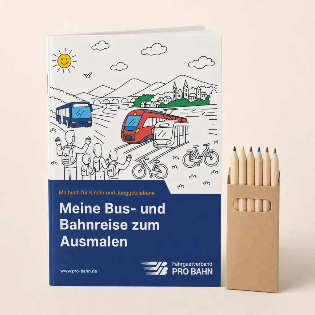 PRO-BAHN-Malbuch Meine Bus- und Bahnreise zum Ausmalen neben sechs Buntstiften