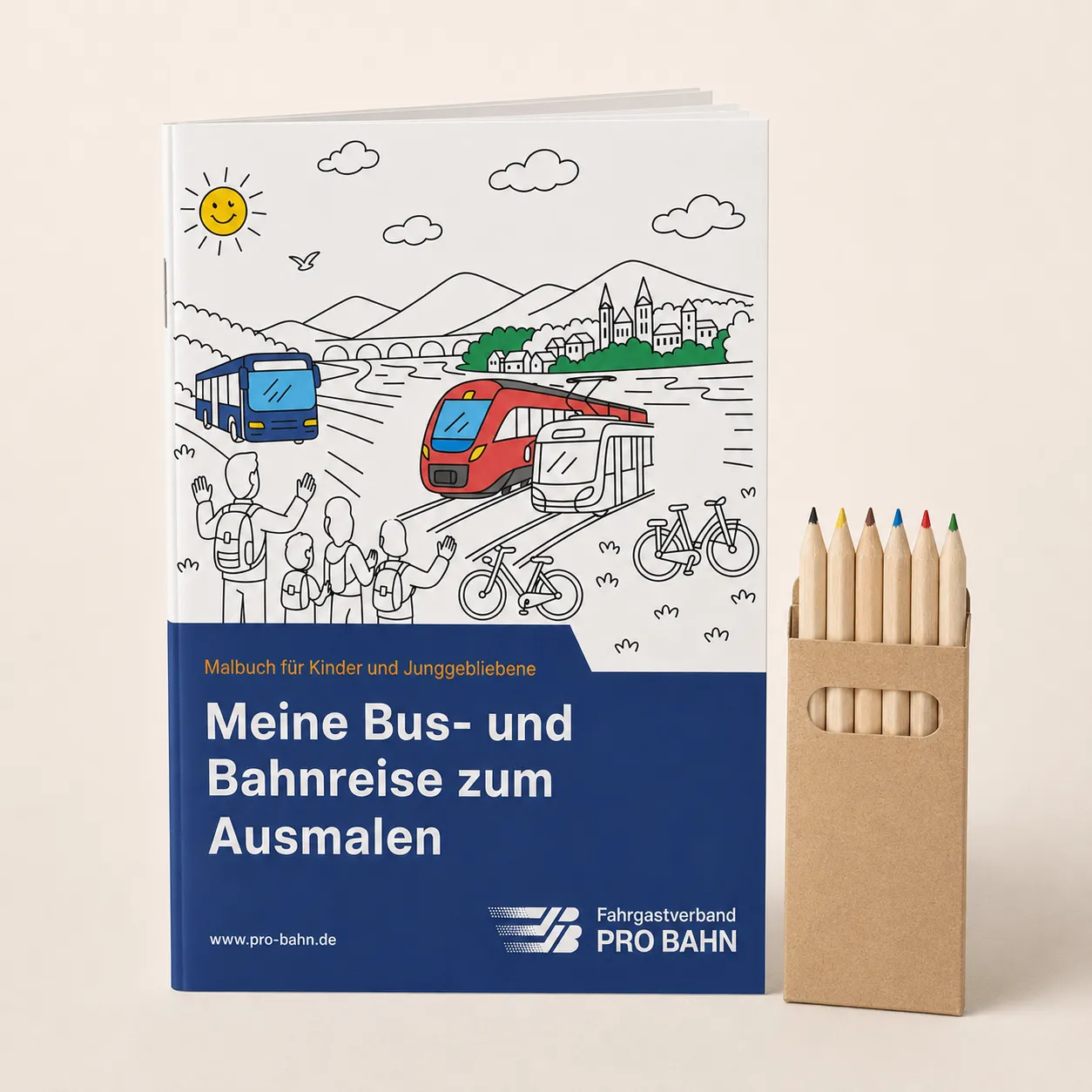 PRO-BAHN-Malbuch Meine Bus- und Bahnreise zum Ausmalen neben sechs Buntstiften