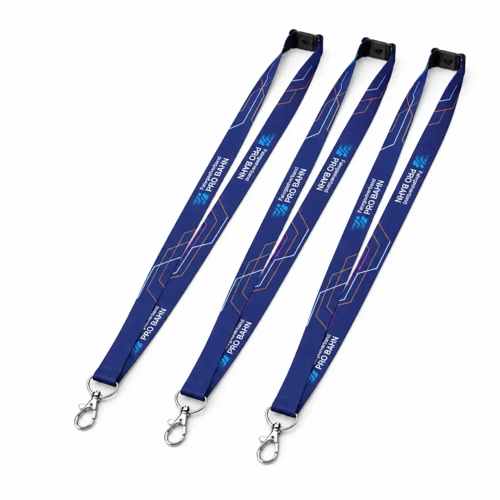 Drei dunkelblaue PRO-BAHN-Lanyards mit Sicherheitsverschluss und Karabiner