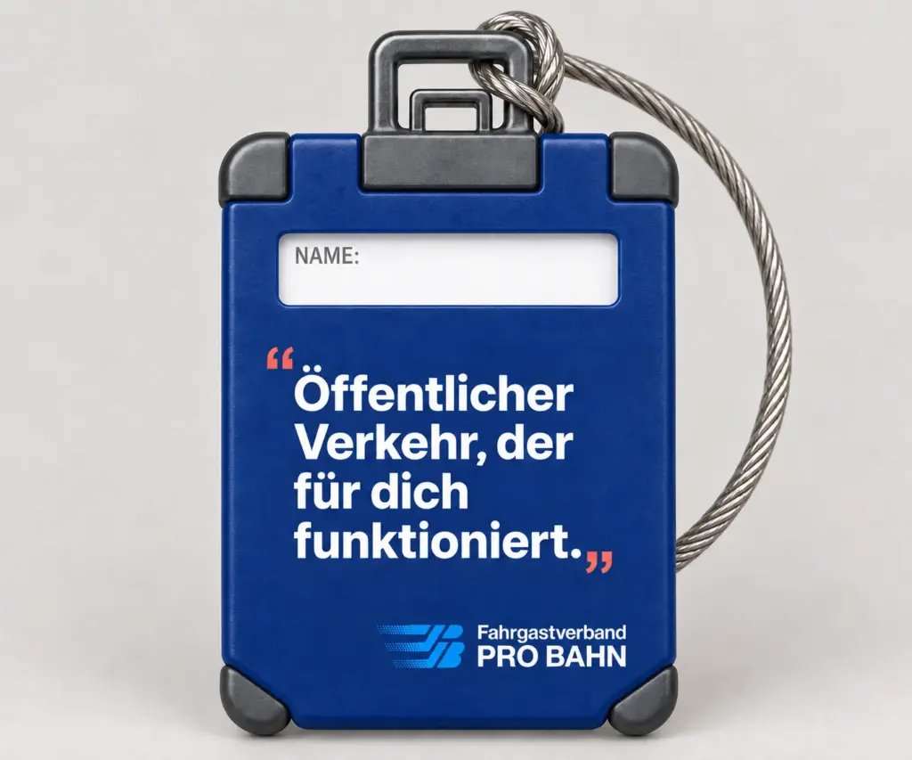 Dunkelblauer Kofferanhänger mit Namensfeld, Drahtseil und PRO-BAHN-Statement