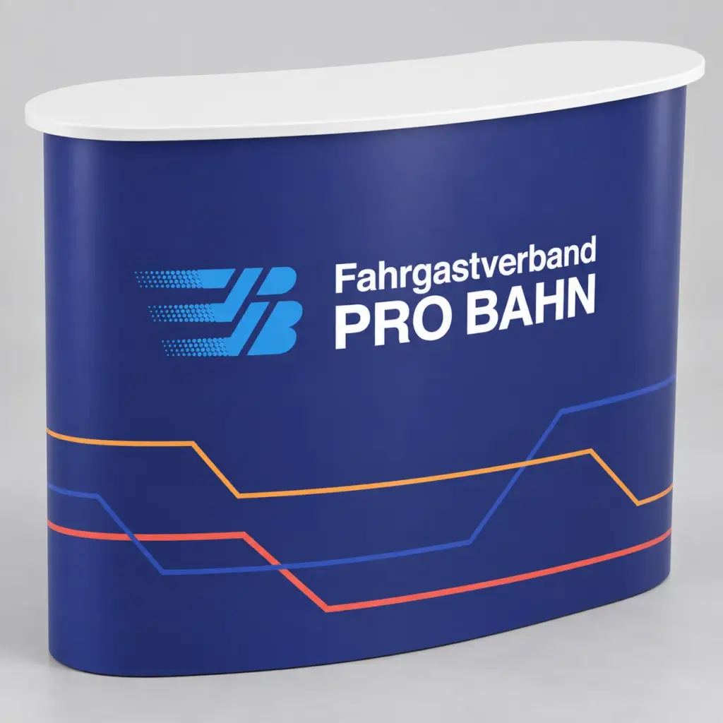 Gebogener dunkelblauer Messecounter mit PRO-BAHN-Logo und farbigem Linienmotiv