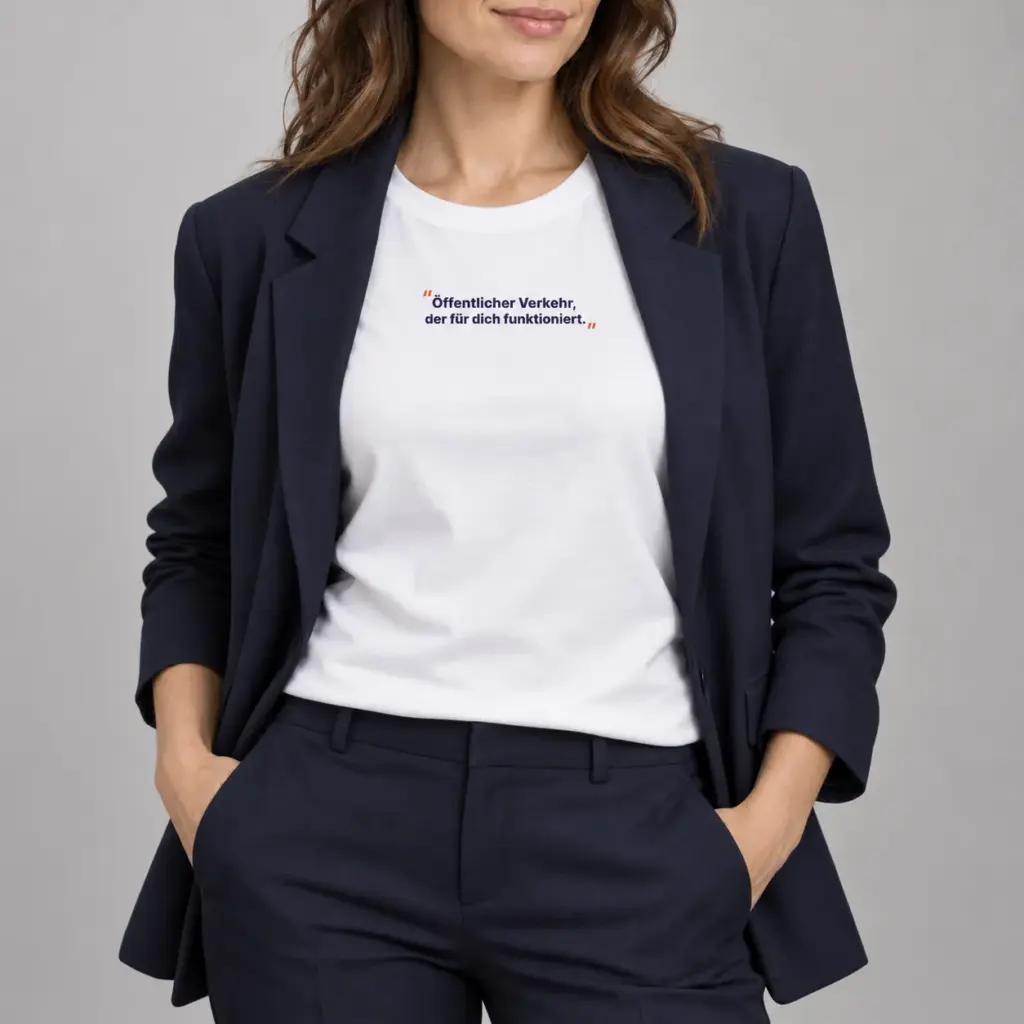 Frau trägt ein weißes PRO-BAHN-Statement-T-Shirt unter einem dunkelblauen Blazer