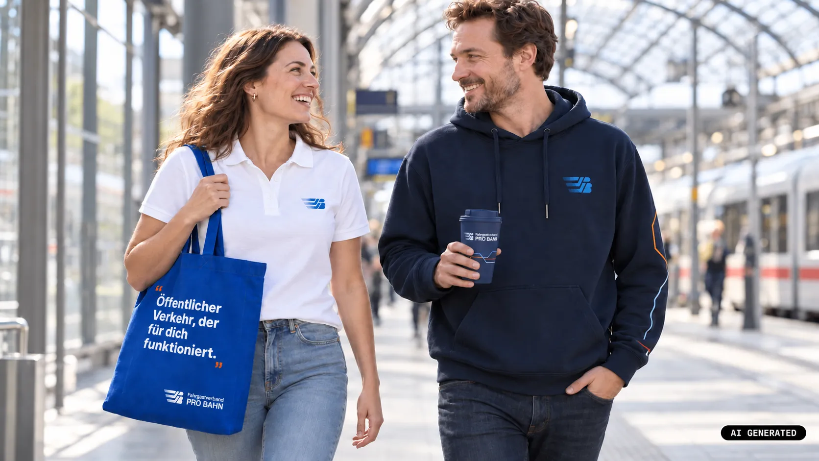 Frau mit PRO-BAHN-Poloshirt und Baumwolltasche neben einem Mann mit PRO-BAHN-Hoodie und Thermobecher am Bahnhof