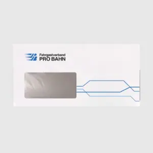 Weißer DIN-lang-Briefumschlag mit PRO-BAHN-Logo, Sichtfenster und blauem Linienmotiv